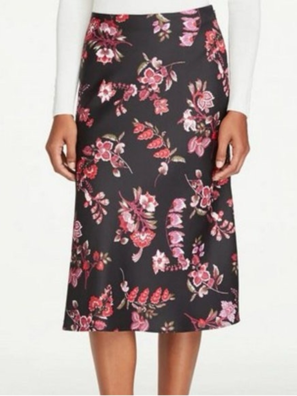 Ann Taylor Black Satin Midi Skirt with Pink & Red Floral Print